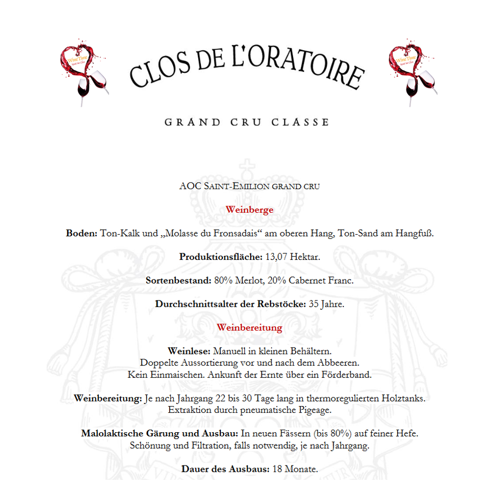 Clos de l'Oratoire Grand Cru Classé AOC Bordeaux, Saint-Emilion Grand Cru  750ml